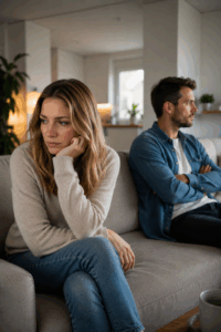 Vrouw voelt zich alleen in haar relatie terwijl haar partner naast haar zit.